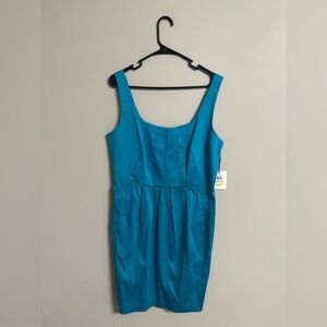 Calvin Klein Cocktail Midi Sleeveless Shift Dress Teal Blue Size 12 Faux Pockets